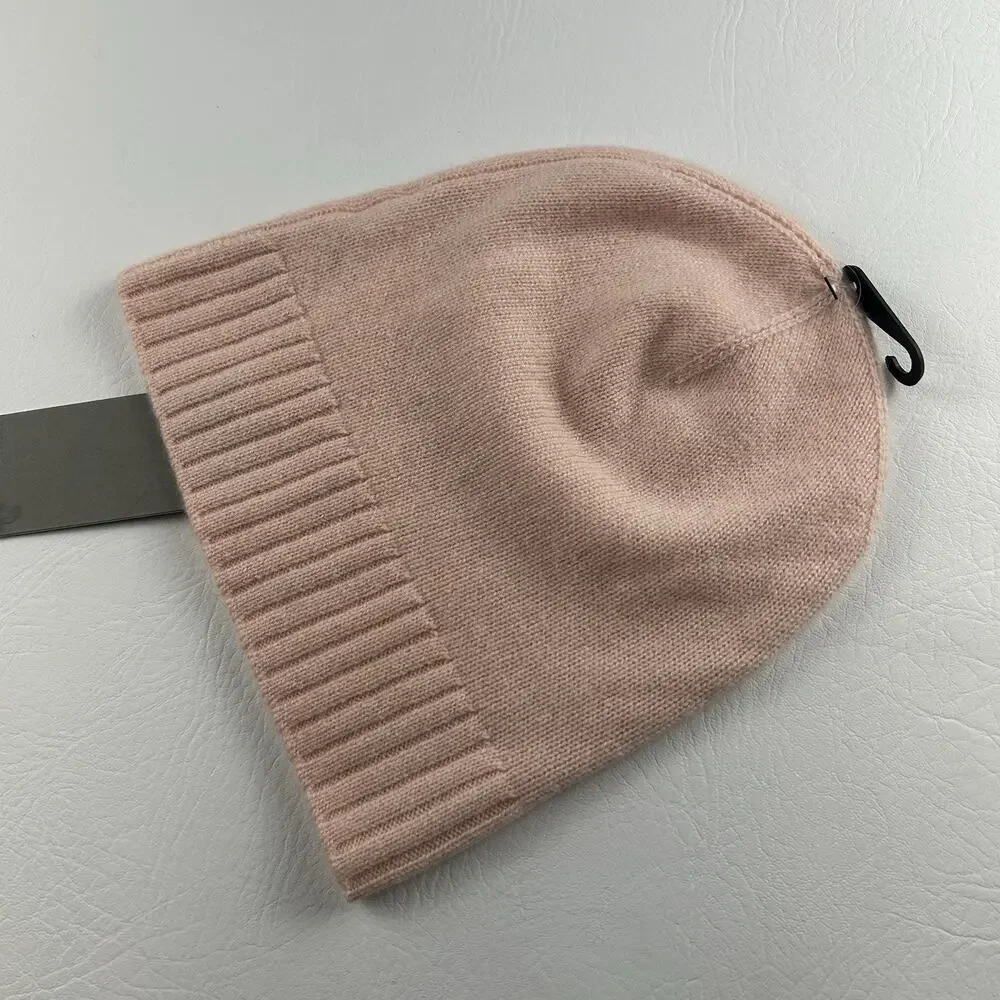 Nordstrom Rack 100% Cashmere Beanie Pink Ribbed Cuff Knit Winter Hat NWT